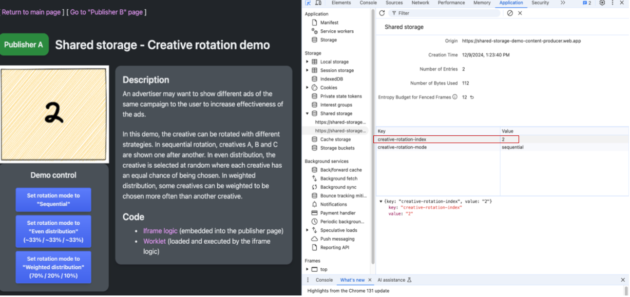 A screenshot showing the "Publisher A" webpage as well as the DevTools showing the Shared Storage section. The creative on the page is labelled as 2 while also the value for the key creative-rotation-index is highlighted as 2 matching the index of the creative shown. The current creative-rotation-mode is shown as sequential.